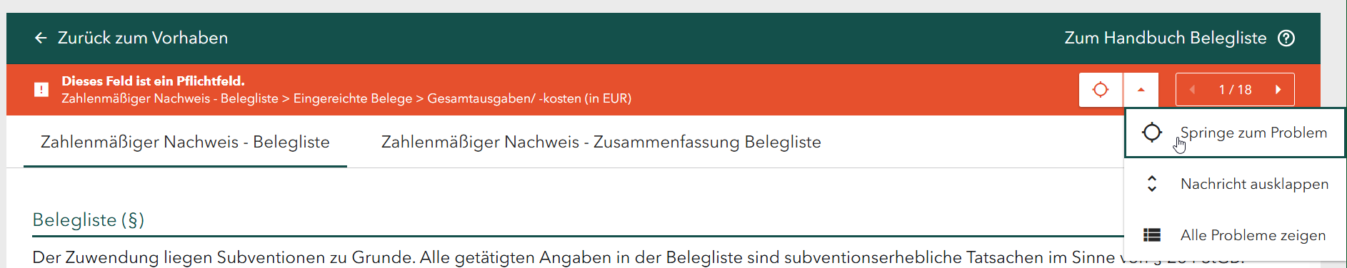 Screenshot mit Anzeige des Fehlerbalkens; Klick auf den weißen Pfeil öffnet ein Menü; Mauszeiger zeigt auf Springe zum Problem