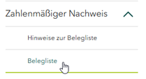 Screenshot des Auswahlfeldes Zahlenmäßiger Nachweis; Mauszeiger zeigt auf Belegliste