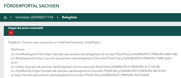 Screenshot der Fehlermeldung: Oops! An error occured