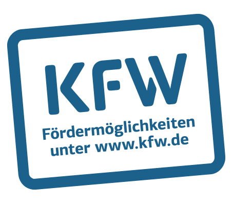 Umrandetes Logo der KfW mit dem Zusatz: Fördermöglichkeiten unter www.kfw.de