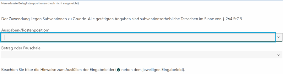 Screenshot der Dropdown-Liste für die Erfassung von Belegpositionen