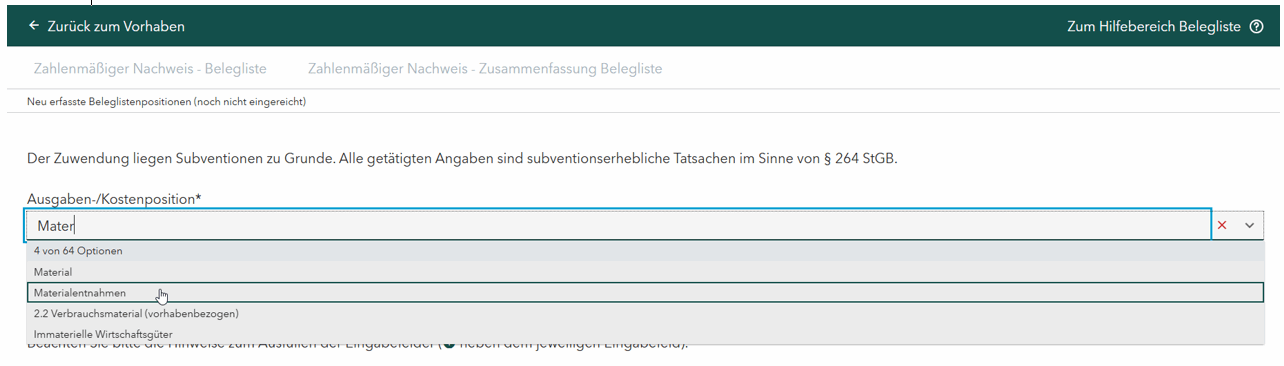 Screenshot des Dropdown-Auswahlfeldes Ausgaben-/Kostenpositionen; Mauszeiger zeigt auf Materialentnahmen
