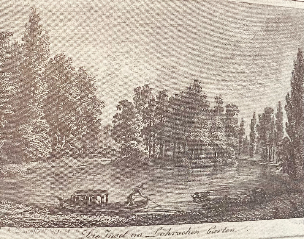 Gemälde mit einem Boot auf einem Fluss mit Bäumen drumherum.