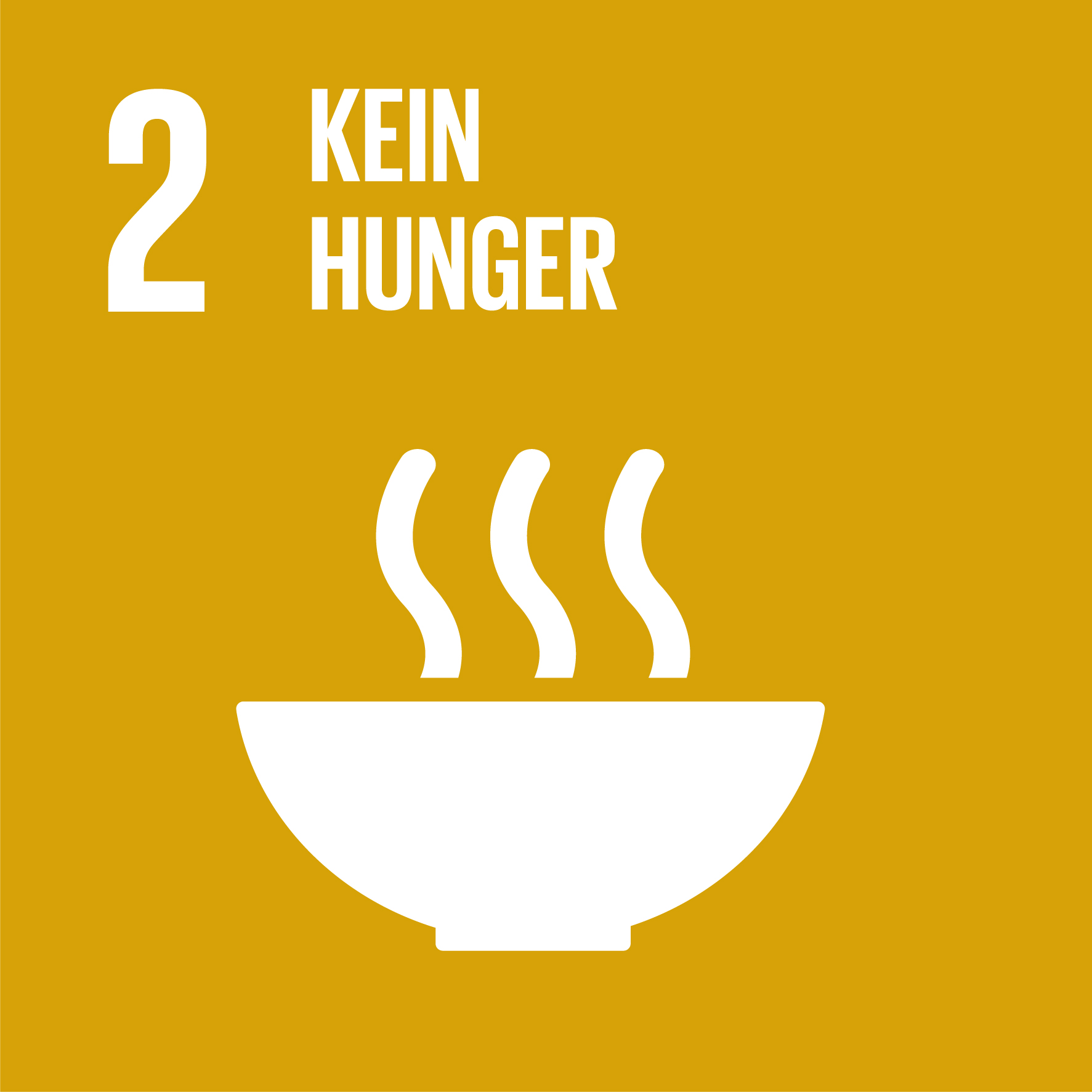 Externer Link zu Nachhaltigkeitsziel 2 der Vereinten Nationen: Kein Hunger. Gelbes Quadrat mit Symbol einer dampfenden Schale.