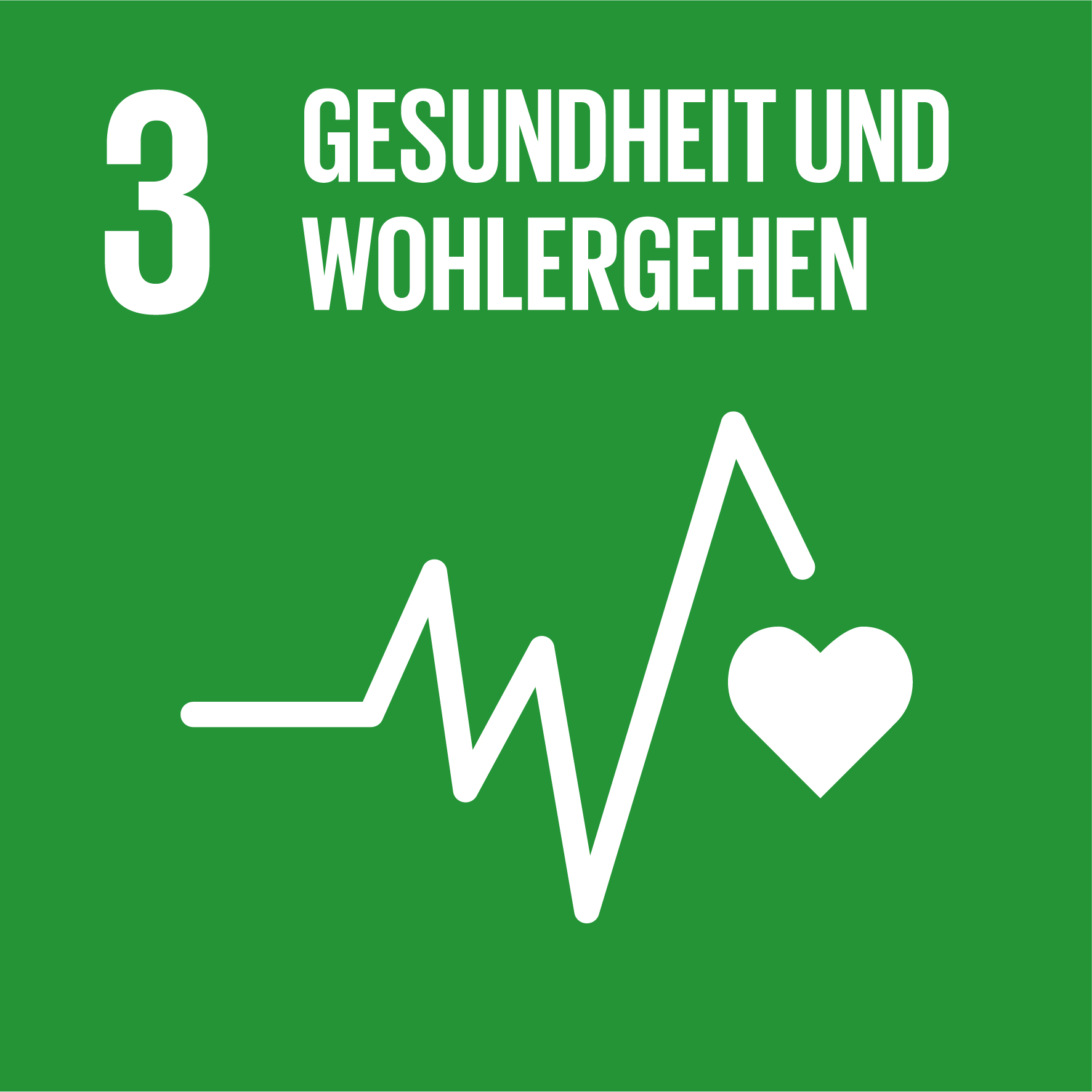 Externer Link zu Nachhaltigkeitsziel 3 der Vereinten Nationen: Gesundheit und Wohlergehen. Grünes Quadrat mit Herzfrequenzsymbol.