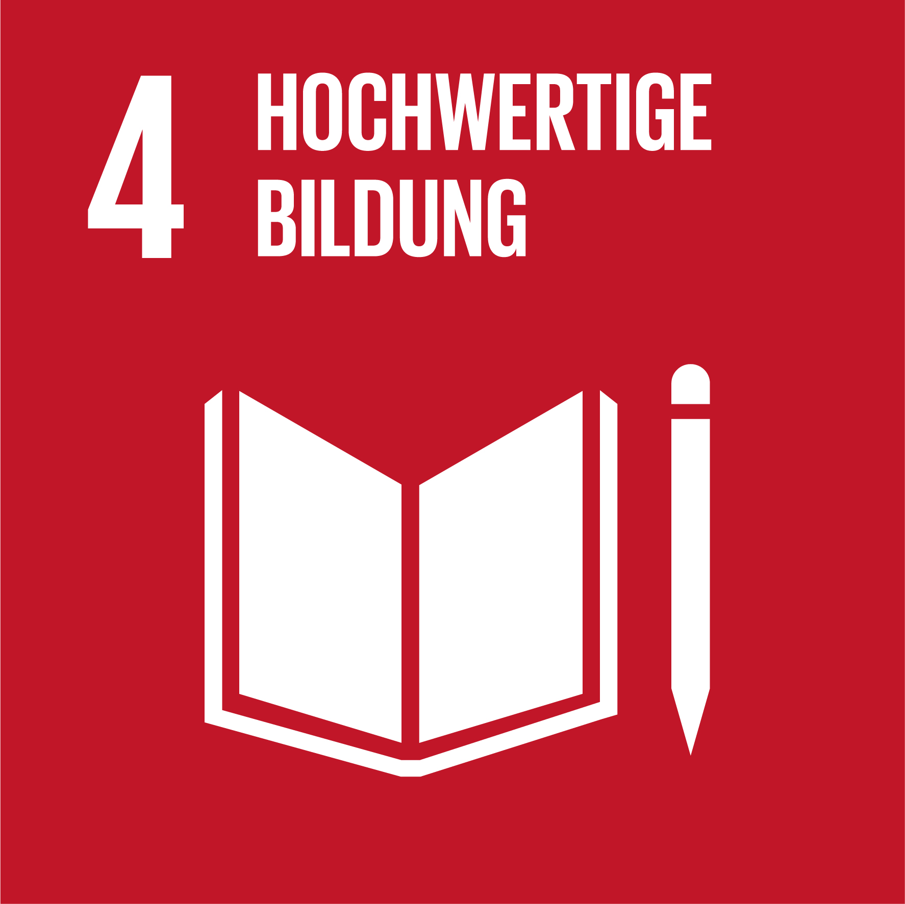 Externer Link zu Nachhaltigkeitsziel 4 der Vereinten Nationen: Hochwertige Bildung. Rotes Quadrat mit Symbol eines geöffneten Buchs und Stifts.