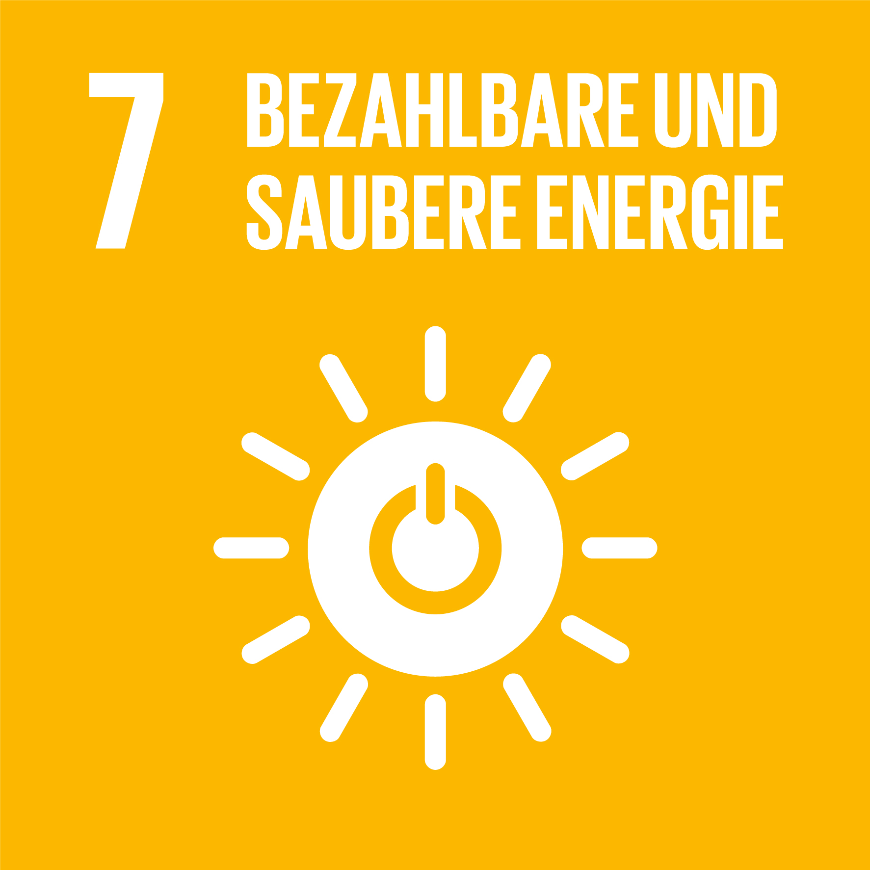 Externer Link zu Nachhaltigkeitsziel 7 der Vereinten Nationen: Bezahlbare und saubere Energie. Gelbes Quadrat mit Sonnensymbol und Power-Button.