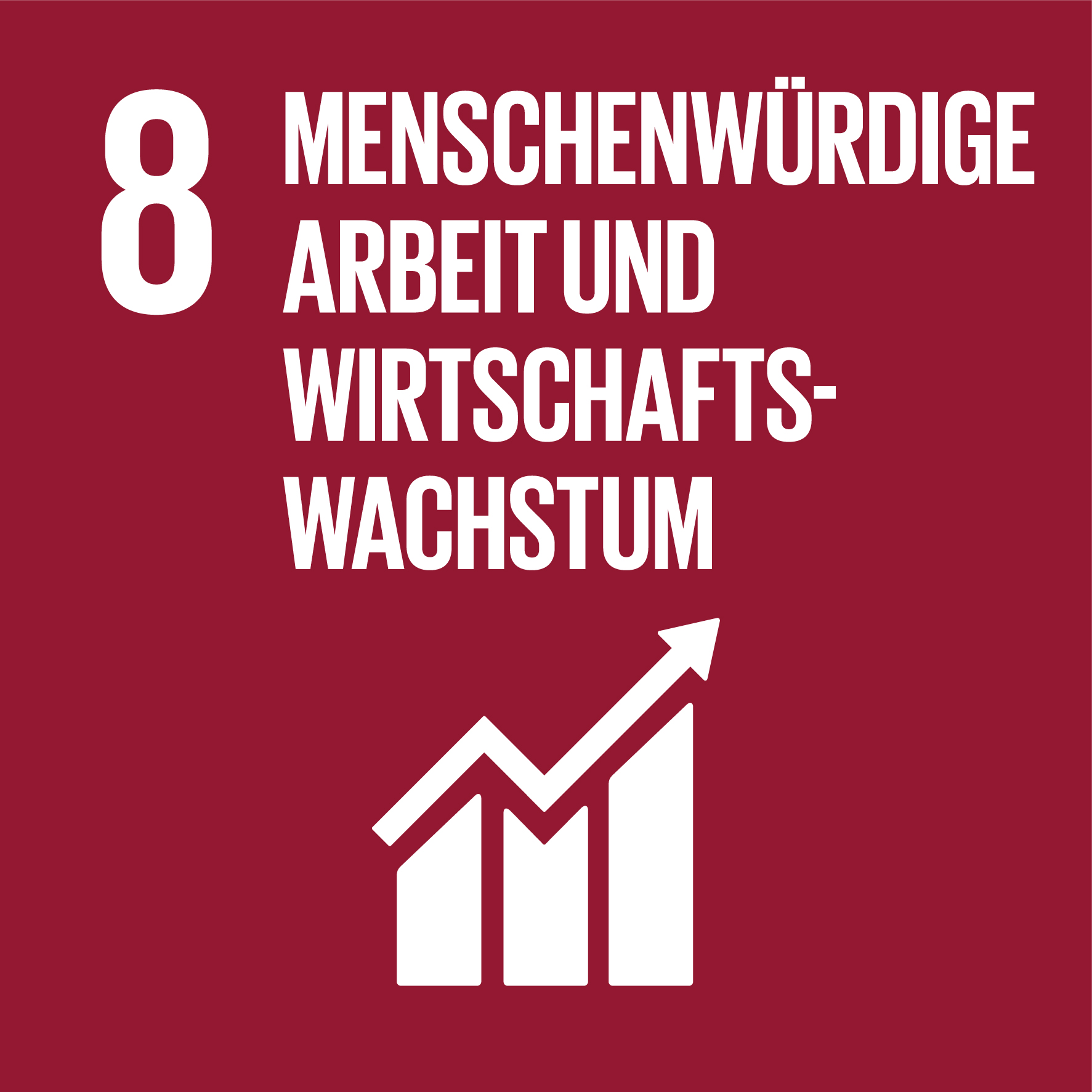 Externer Link zu Nachhaltigkeitsziel 8 der Vereinten Nationen: Menschenwürdige Arbeit und Wirtschaftswachstum. Rotes Quadrat mit steigenden Balkendiagrammsymbol mit Pfeil.