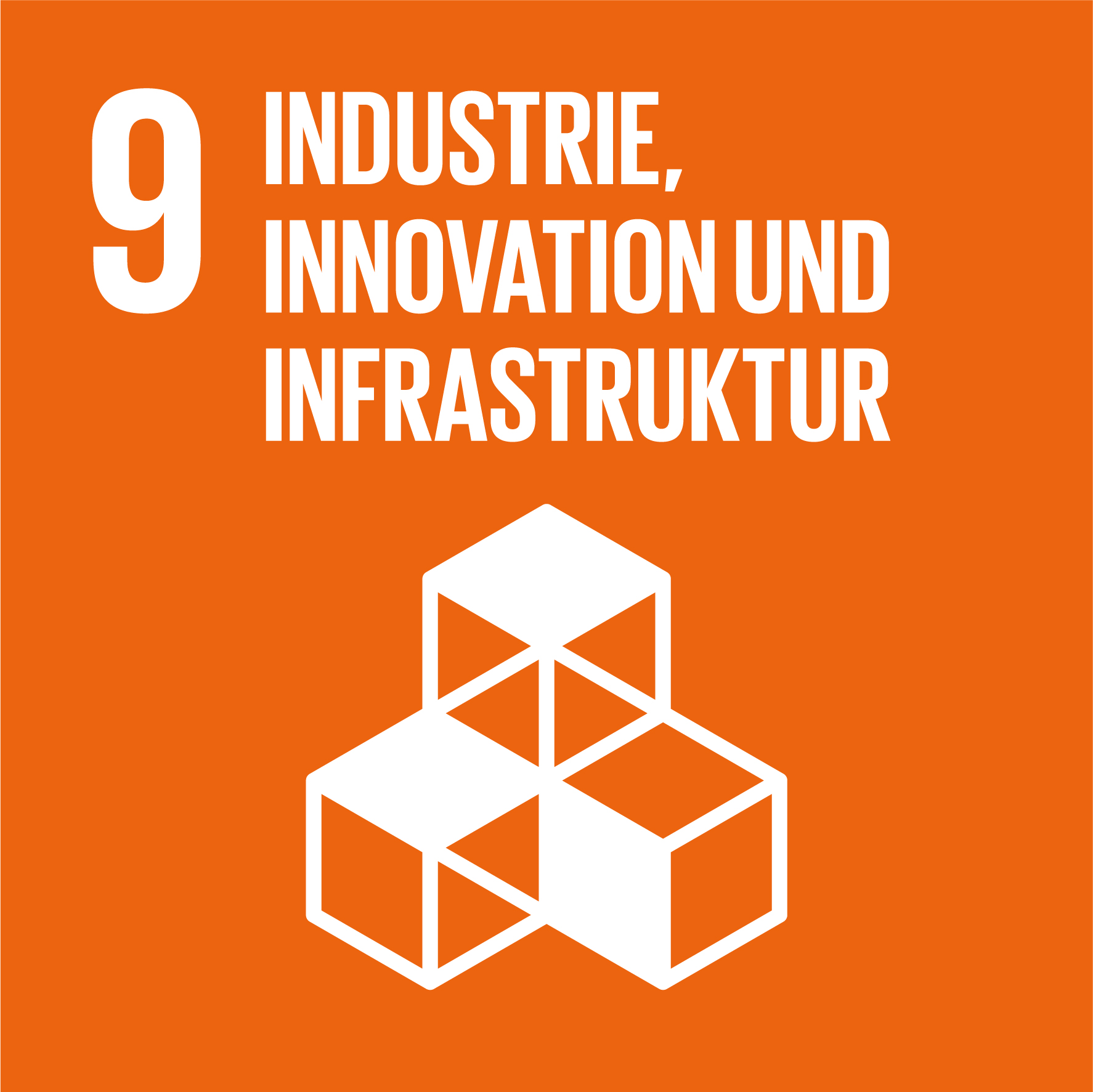 Externer Link zu Nachhaltigkeitsziel 9 der Vereinten Nationen: Industrie, Innovation und Infrastruktur. Orangefarbenes Quadrat mit Symbol von drei ineinander versetzten Würfeln.