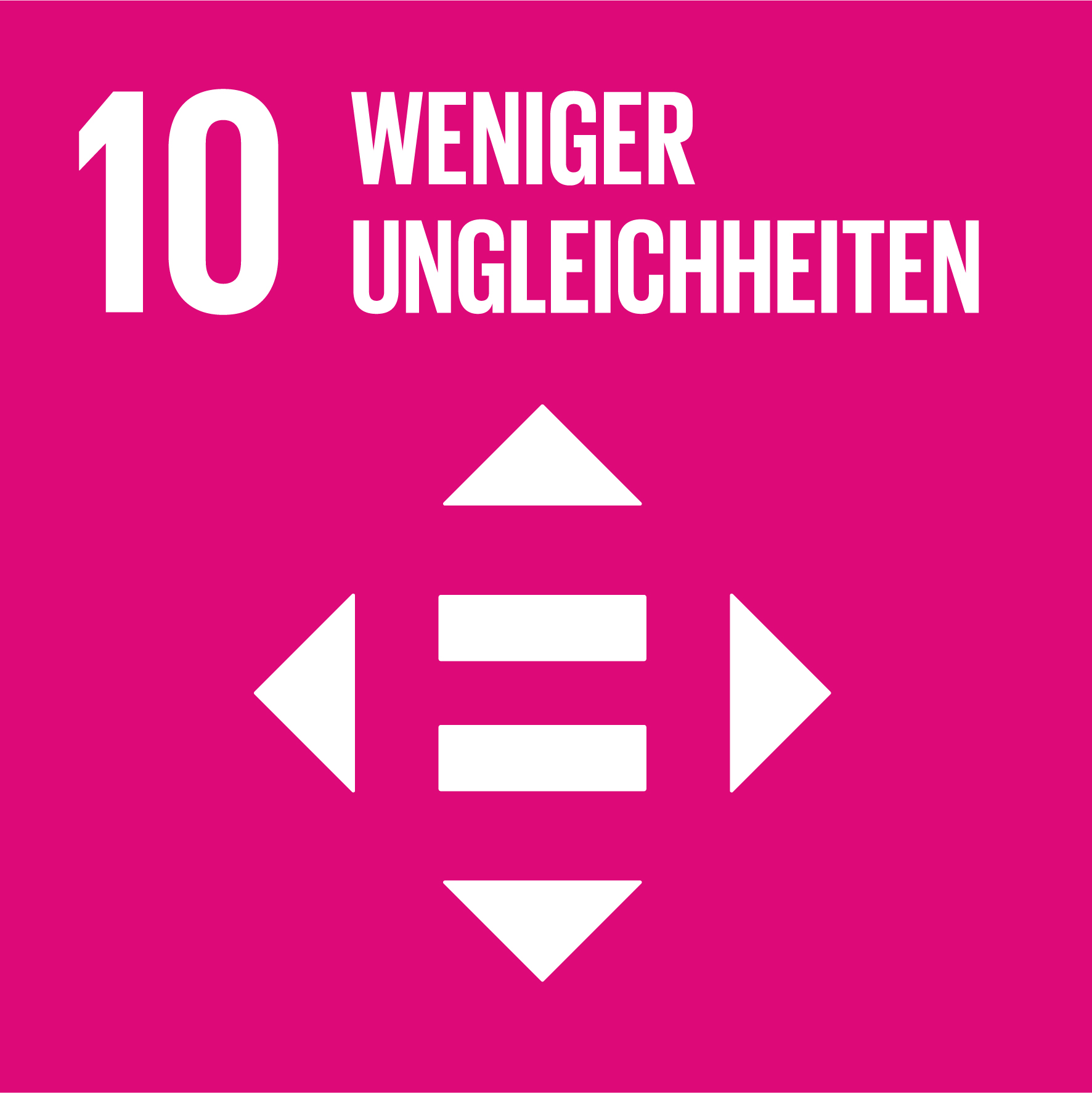 Externer Link zu Nachhaltigkeitsziel 10 der Vereinten Nationen: Weniger Ungleichheiten. Pinkfarbenes Quadrat mit Pfeil- und Gleichheitszeichen.