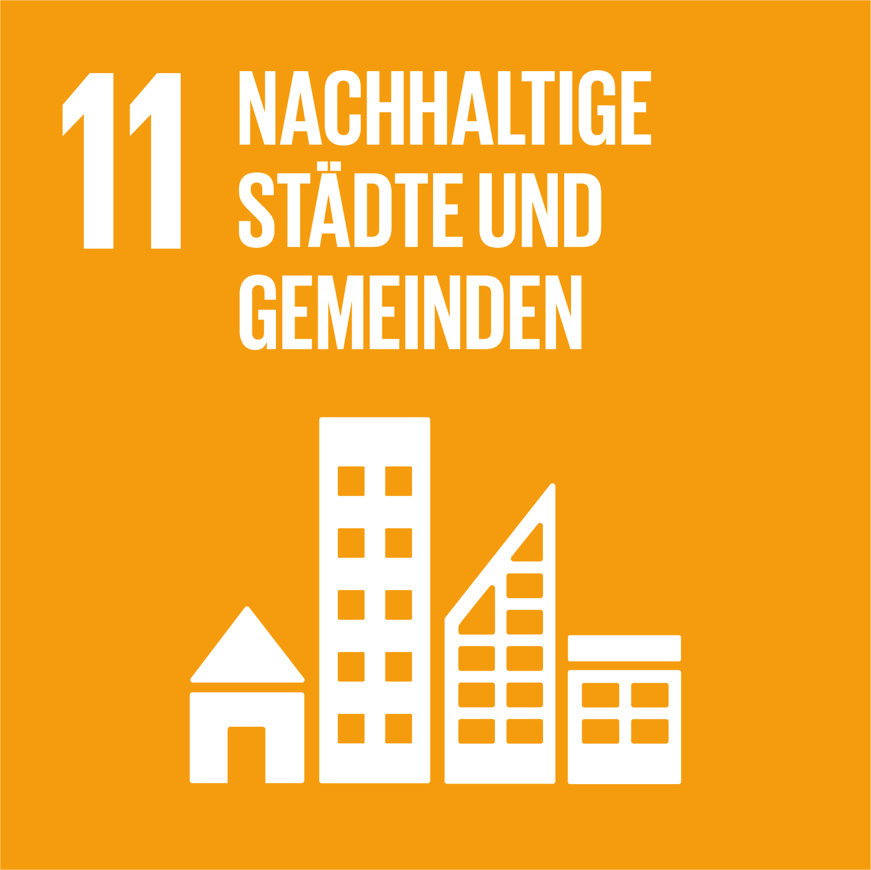 Externer Link zu Nachhaltigkeitsziel 11 der Vereinten Nationen: Nachhaltige Städte und Gemeinden. Orangefarbenes Quadrat mit Symbol stilisierter Gebäude.