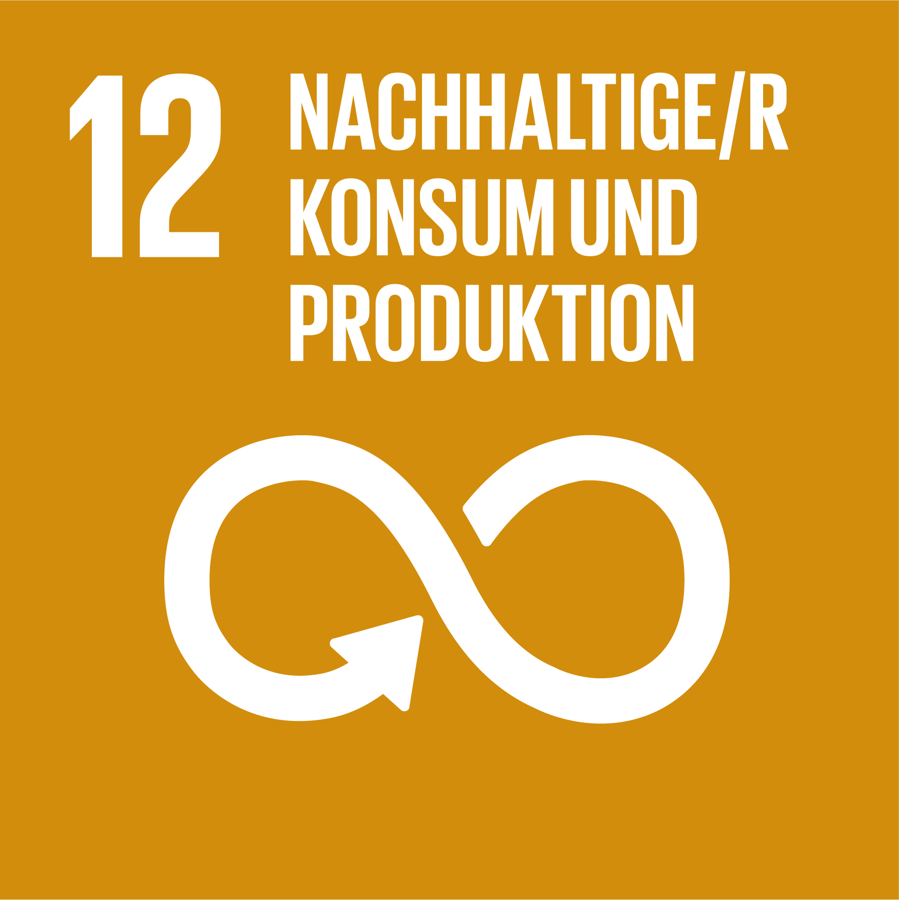Externer Link zu Nachhaltigkeitsziel 12 der Vereinten Nationen: Nachhaltiger Konsum und nachhaltige Produktion. Goldfarbenes Quadrat mit Unendlichkeitssymbol.