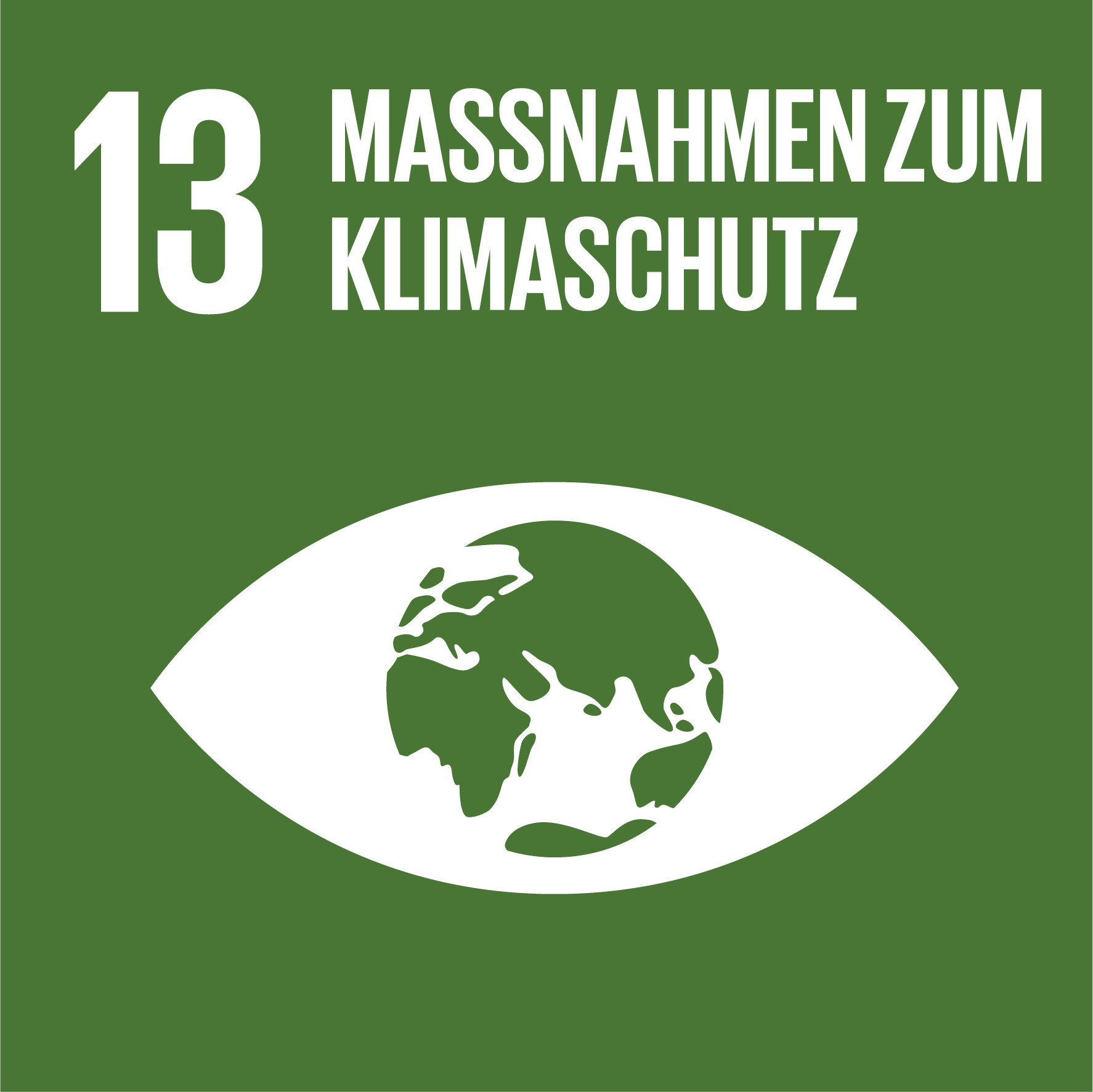 Externer Link zu Nachhaltigkeitsziel 13 der Vereinten Nationen: Maßnahmen zum Klimaschutz. Grünes Quadrat mit Augensymbol und Weltkugel als Iris.